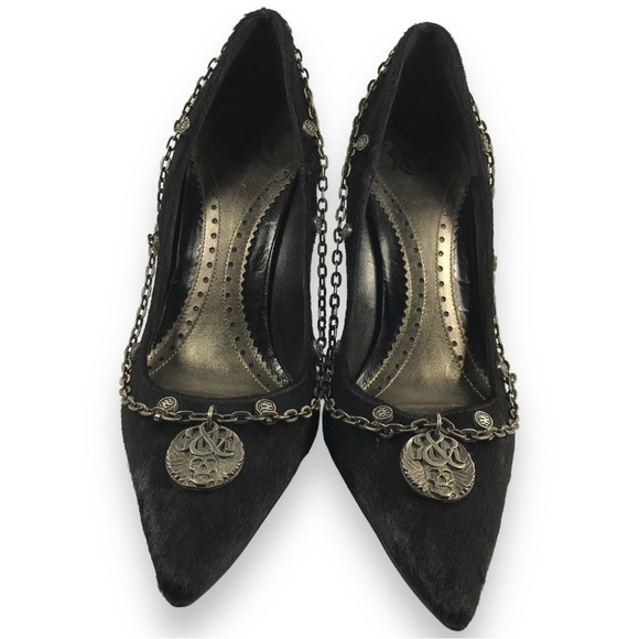 Rock & Republic Pointed Toe Fur Wrap Around Chained Logo Wedge Black Size EU 36 - Picture 3 of 15